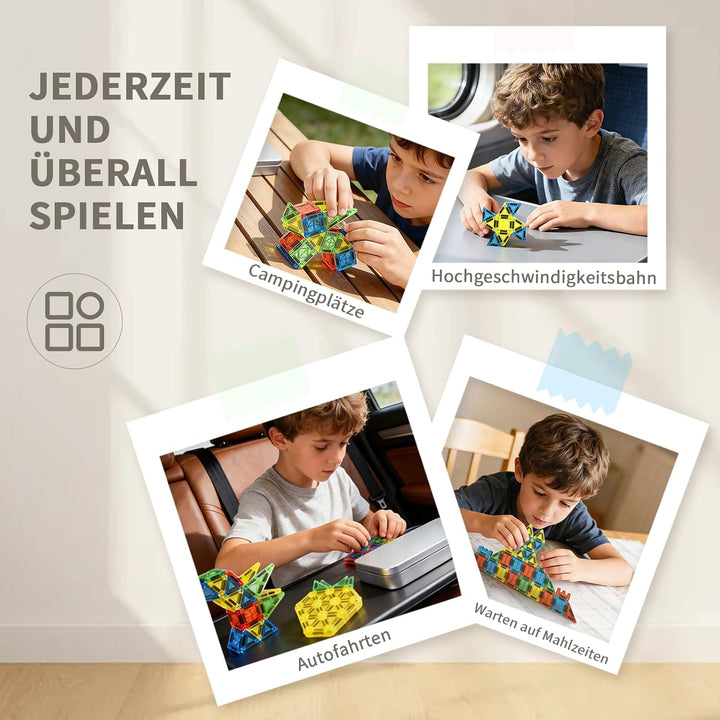 Magnetische Fliesen，60 Pcs Mini Magnetische Bausteine Reiseset, Magnet Fliesen Bauspielzeug Spielzeu