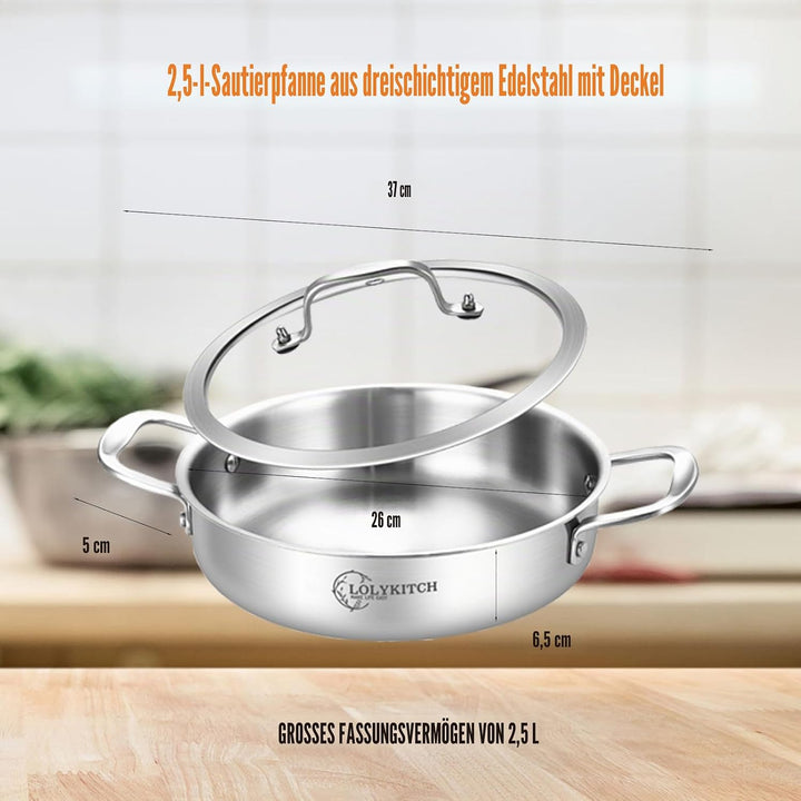 LOLYKITCH Schmorpfanne 26 cm Hoher Rand, Schmortopf mit Deckel 2.5 L, Edelstahl Unbeschichtet, Pfann