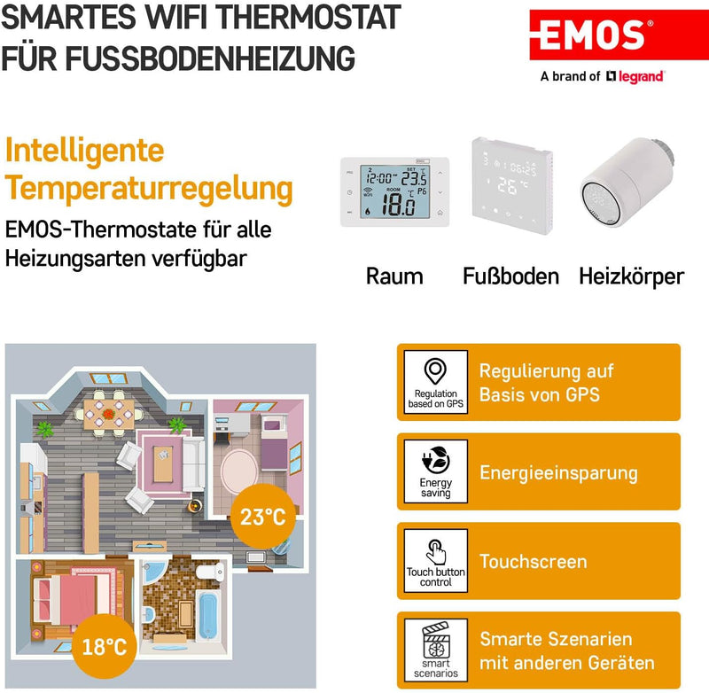 EMOS GoSmart WiFi Raumthermostat für Fussbodenheizung mit App, programmierbarer Smart-Thermostat ink