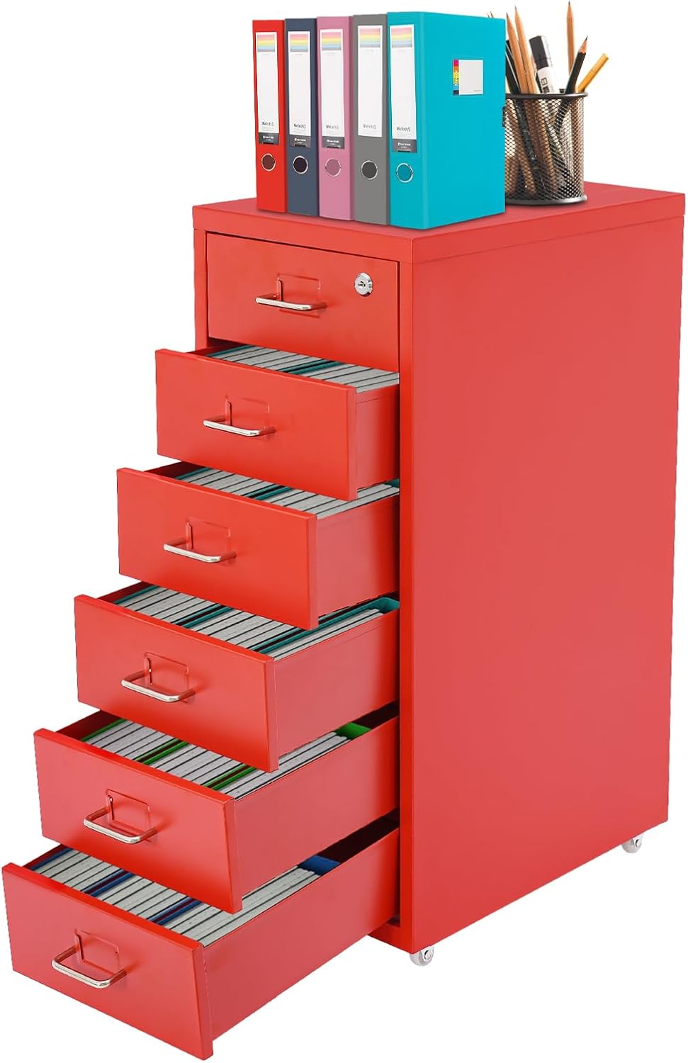 Aktenschrank 6 Schubladen Rollcontainer Abschliessbarer Schrank Rot, Rot