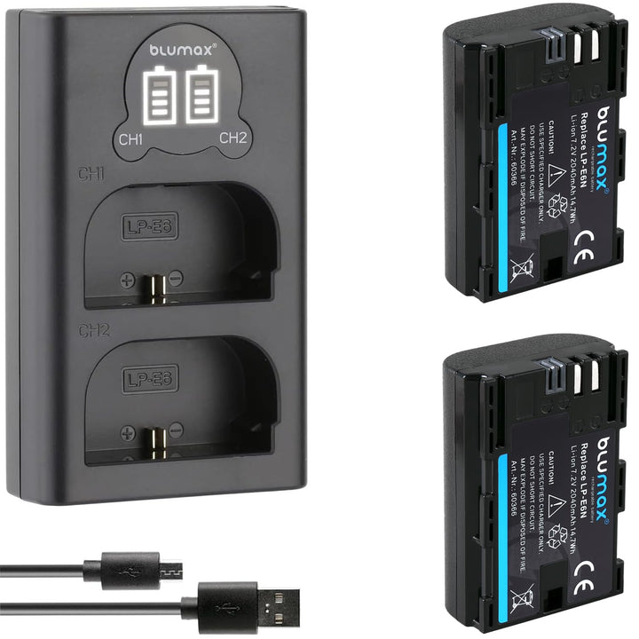Blumax 2 x Akku kompatibel mit Canon LP-E6N / LP-E6 2040mAh + Dual-Ladegerät | EOS R RA R5 R6, 7D Ma