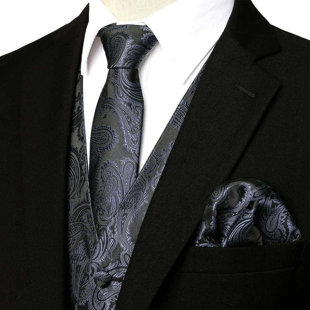 PARKLEES Klassische Herren-Weste, 3-teilig, Paisleymuster, Krawatte, Einstecktuch, Set, Hochzeit, Ab