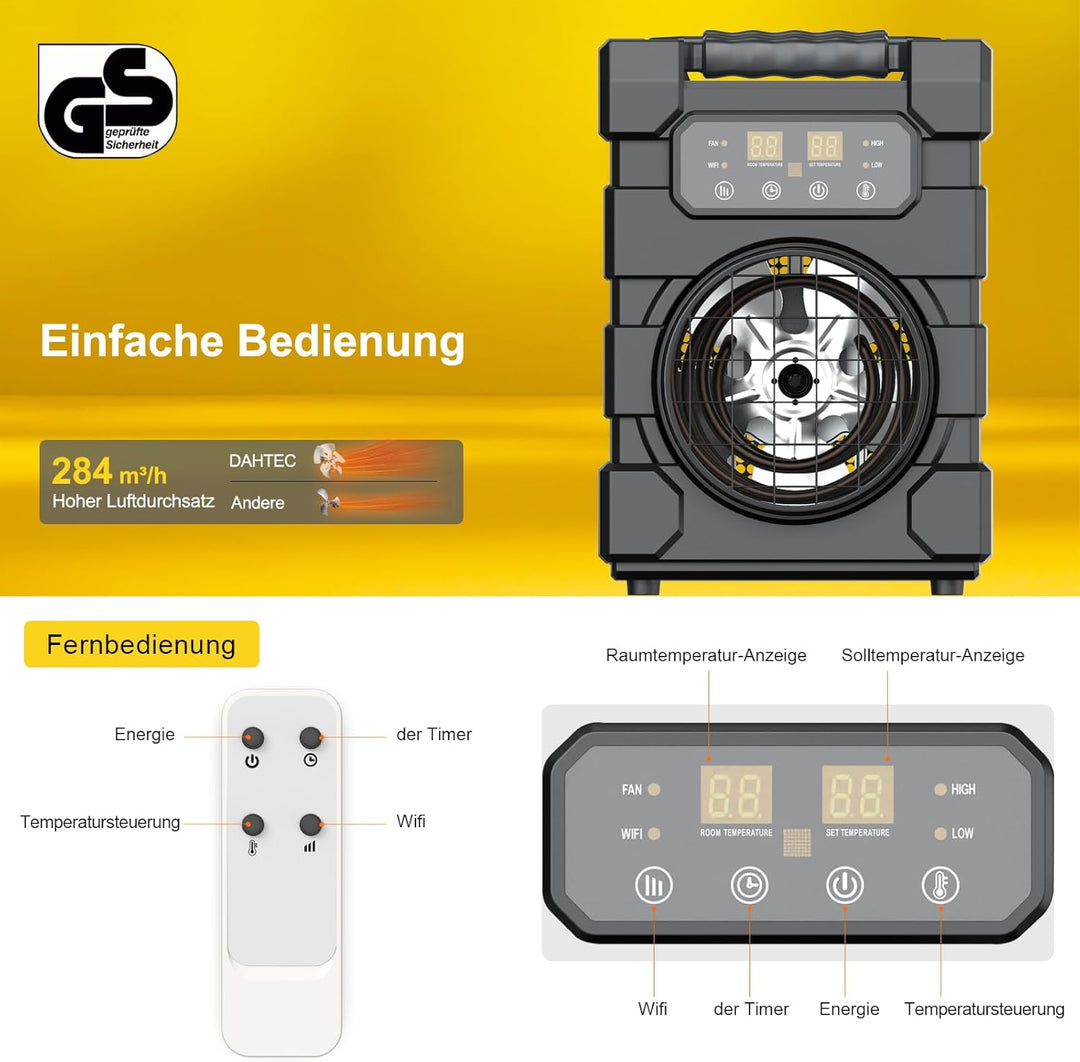 DAHTEC Professioneller Heizlüfter mit Schwerem Stahlgehäuse 2000 Watt mit WIFI, Fernsteuerung und be