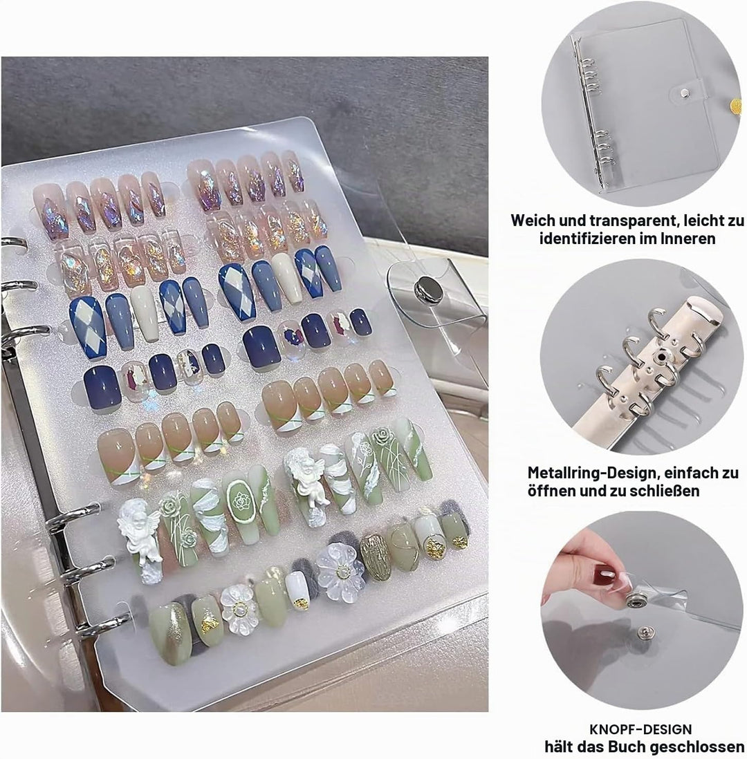 A5 Nagel-Organizer Set mit Druckknopf &amp; Loseblatt-System – Robuste transparente Box + 6 Klebepads &amp;