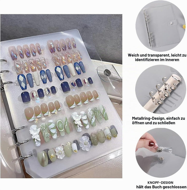 A5 Nagel-Organizer Set mit Druckknopf &amp; Loseblatt-System – Robuste transparente Box + 6 Klebepads &amp;