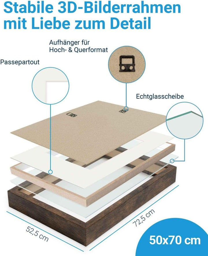 PHOTOLINI 3D Bilderrahmen zum Befüllen 50x70 Eiche dunkel gross, 1,5 cm tiefer Objektrahmen mit Glas