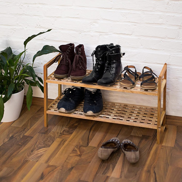 Relaxdays 5 x Schuhregal Walnuss im Set, Schuhaufbewahrung stapelbar, Schuhablage mit je 2 Etagen, o