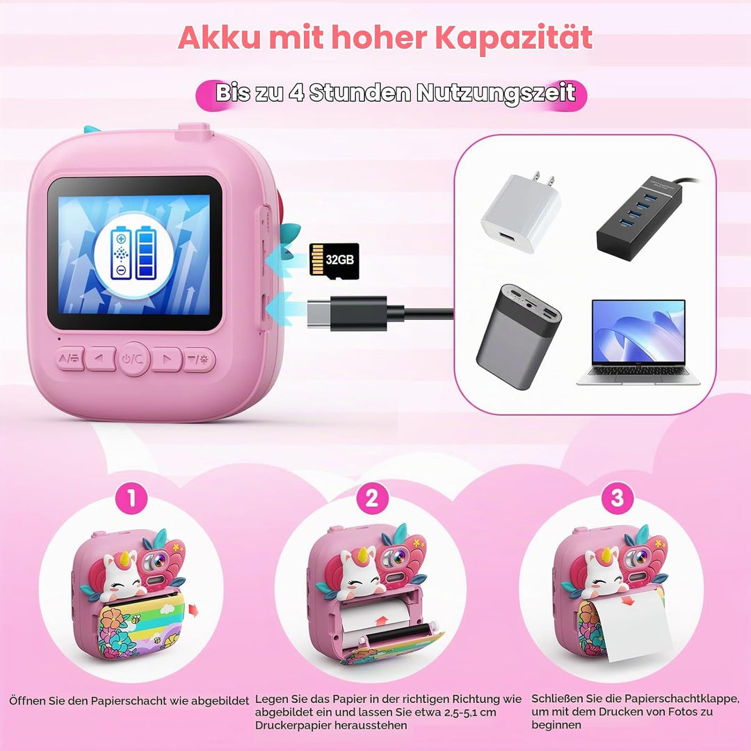 TIATUA Kinderkamera Sofortbildkamera, 1080P 2,4 Zoll Sofortbildkamera Kinder mit 32G Karte und 3 Rol