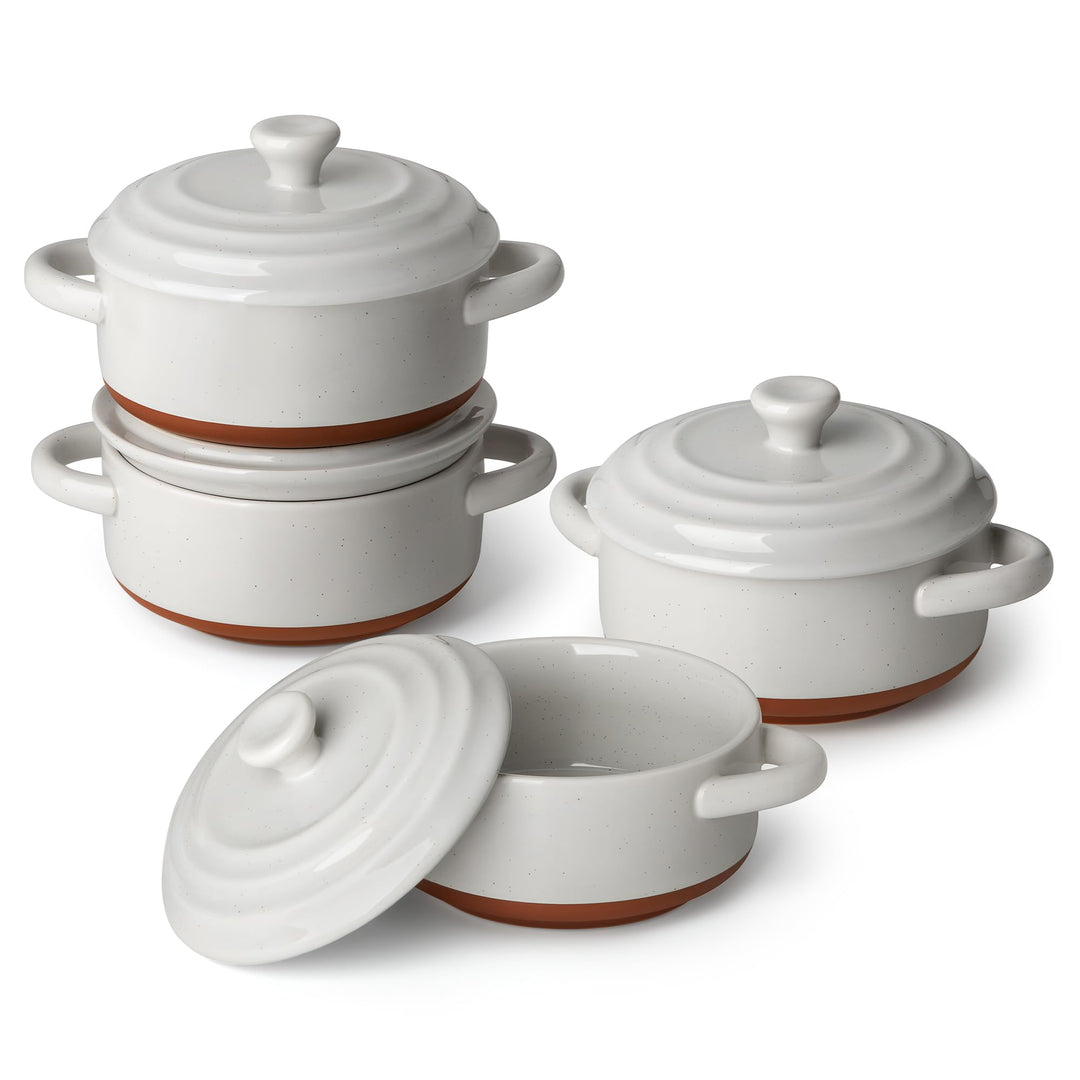 MALACASA Mini Cocotte Set 440 ml, 4 Stück Auflaufform Klein aus Steingut mit Deckel und Griffen, für