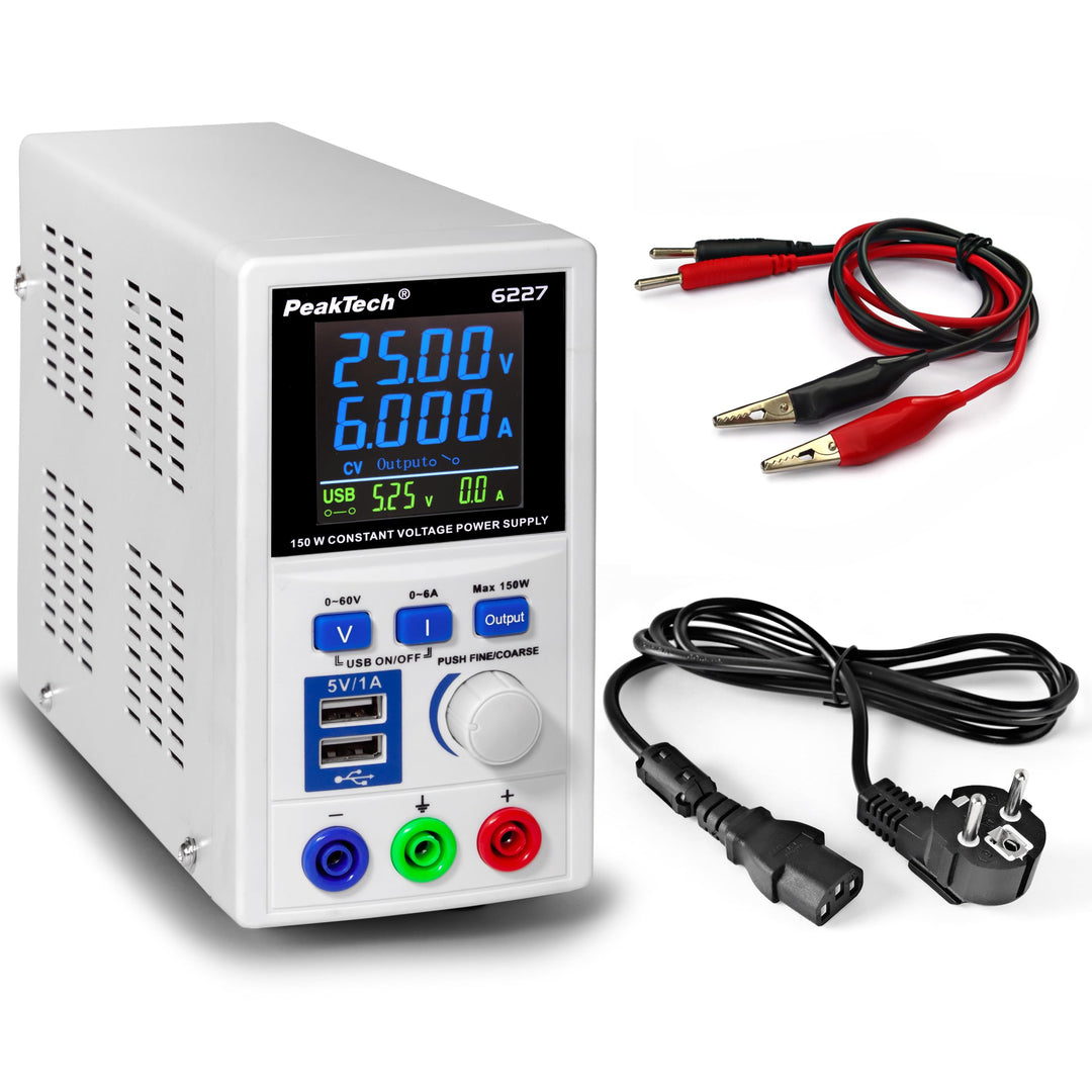 PeakTech P 6227 – DC Labor Netzteil 0-60 V / 0-6 A mit farbiger LCD Anzeige, Labor Netzgerät inkl. 2