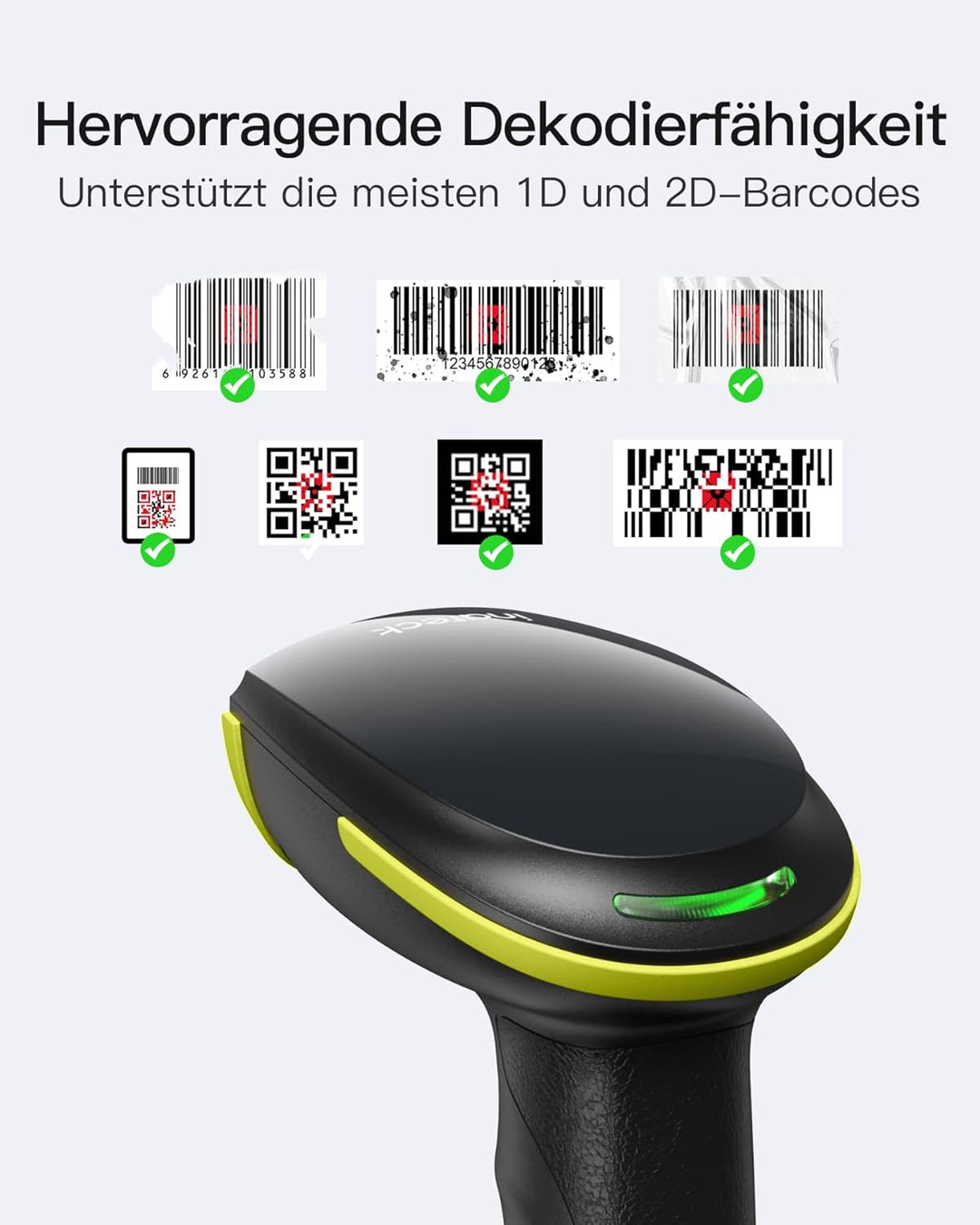 Inateck Barcode Scanner Kabellos, 1D 2D QR Code Scanner, BCST-23 Grün | 3-in-1 mit Bluetooth, 2,4 GH