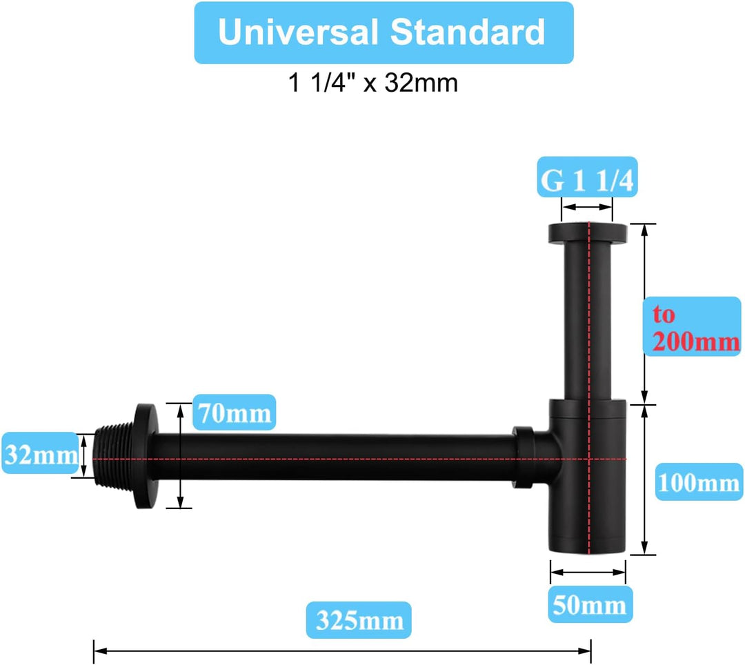 Keymark Design Siphon [Extra Lang 200mm Tauchrohr], Universal Messing Designsiphon Syphon Sifon für