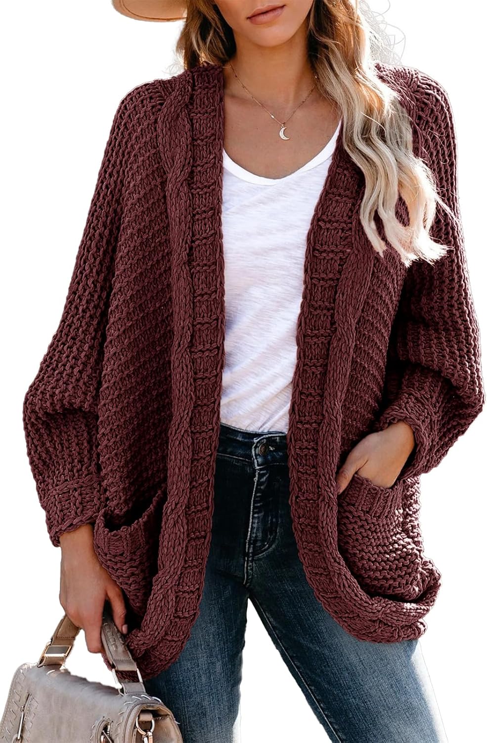 JayscreateEU Strickjacke Damen Cardigan Lange Open Front Sweater mit Tasche Grobstrickjacke Langarm