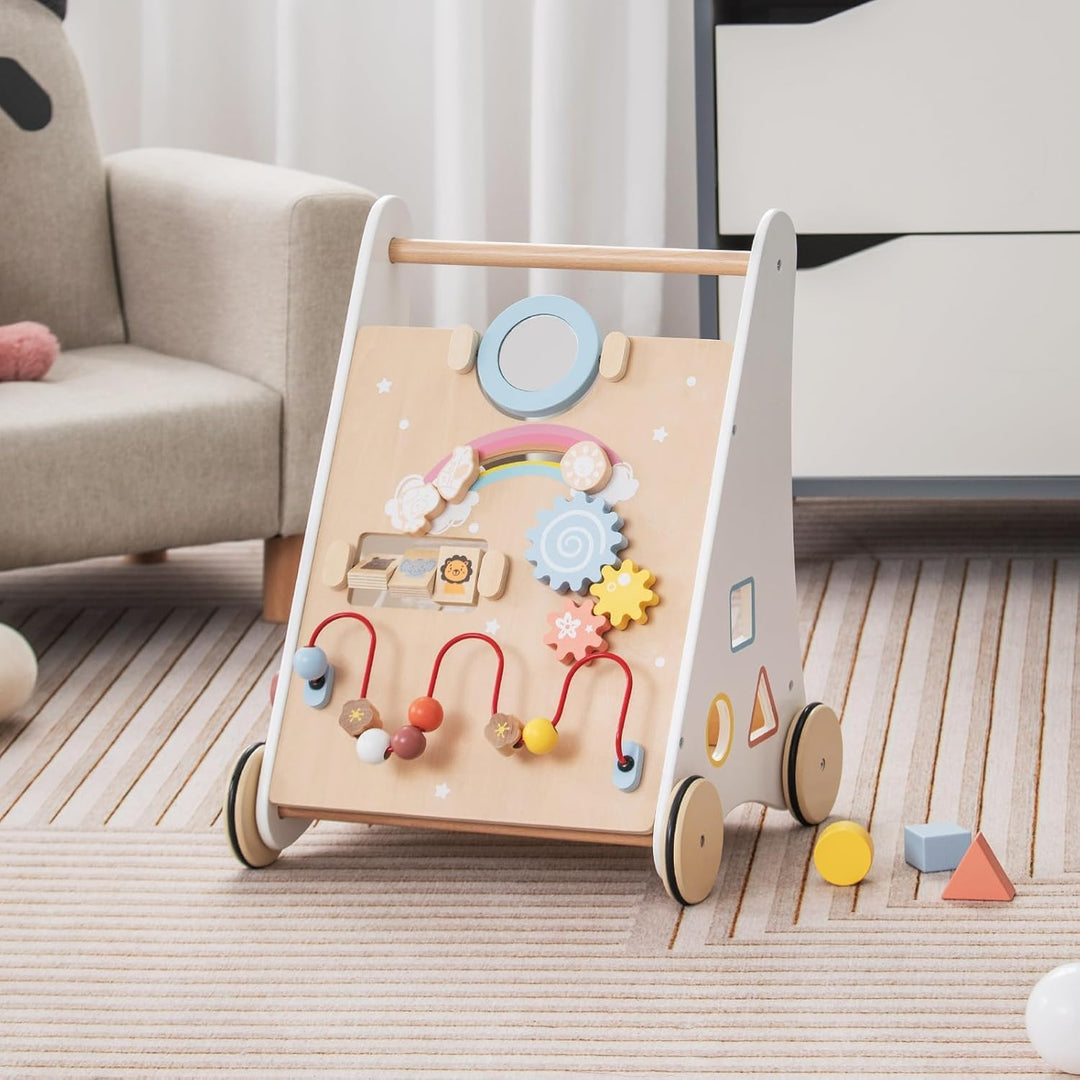 FANTASK 7 in 1 Lauflernwagen aus Holz, Lauflernhilfe mit Aufbewahrungsbox in Weiss, Montessori Baby