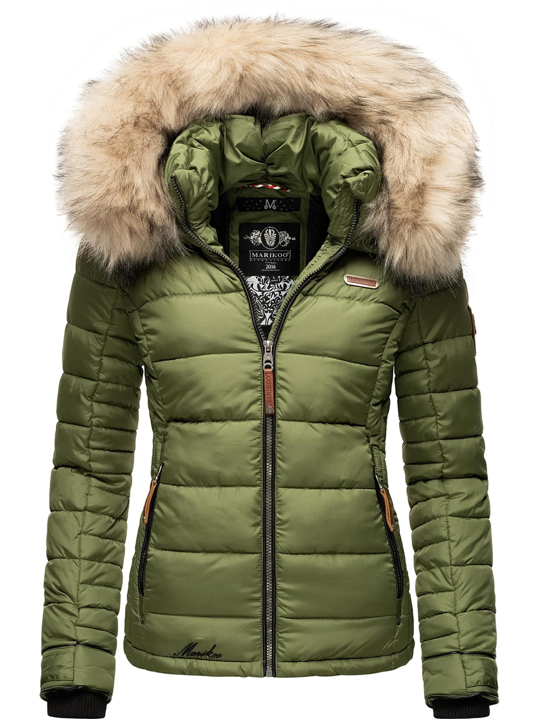 MARIKOO Damen Winterjacke Steppjacke mit abnehmbarem Kunstfell Lerikaa XS-3XL XL Olive, XL Olive