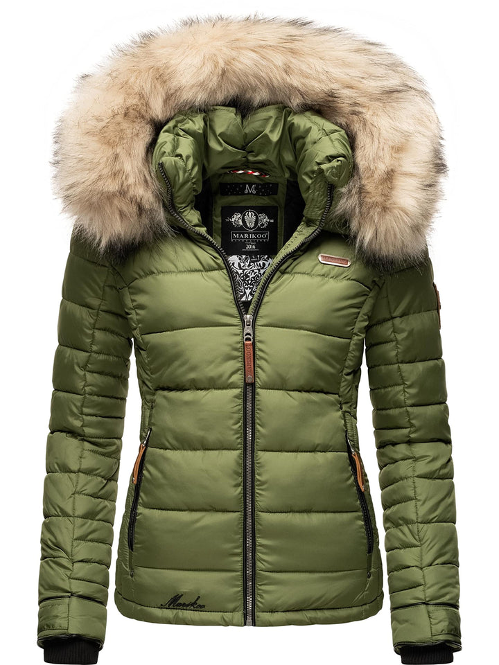 MARIKOO Damen Winterjacke Steppjacke mit abnehmbarem Kunstfell Lerikaa XS-3XL XL Olive, XL Olive
