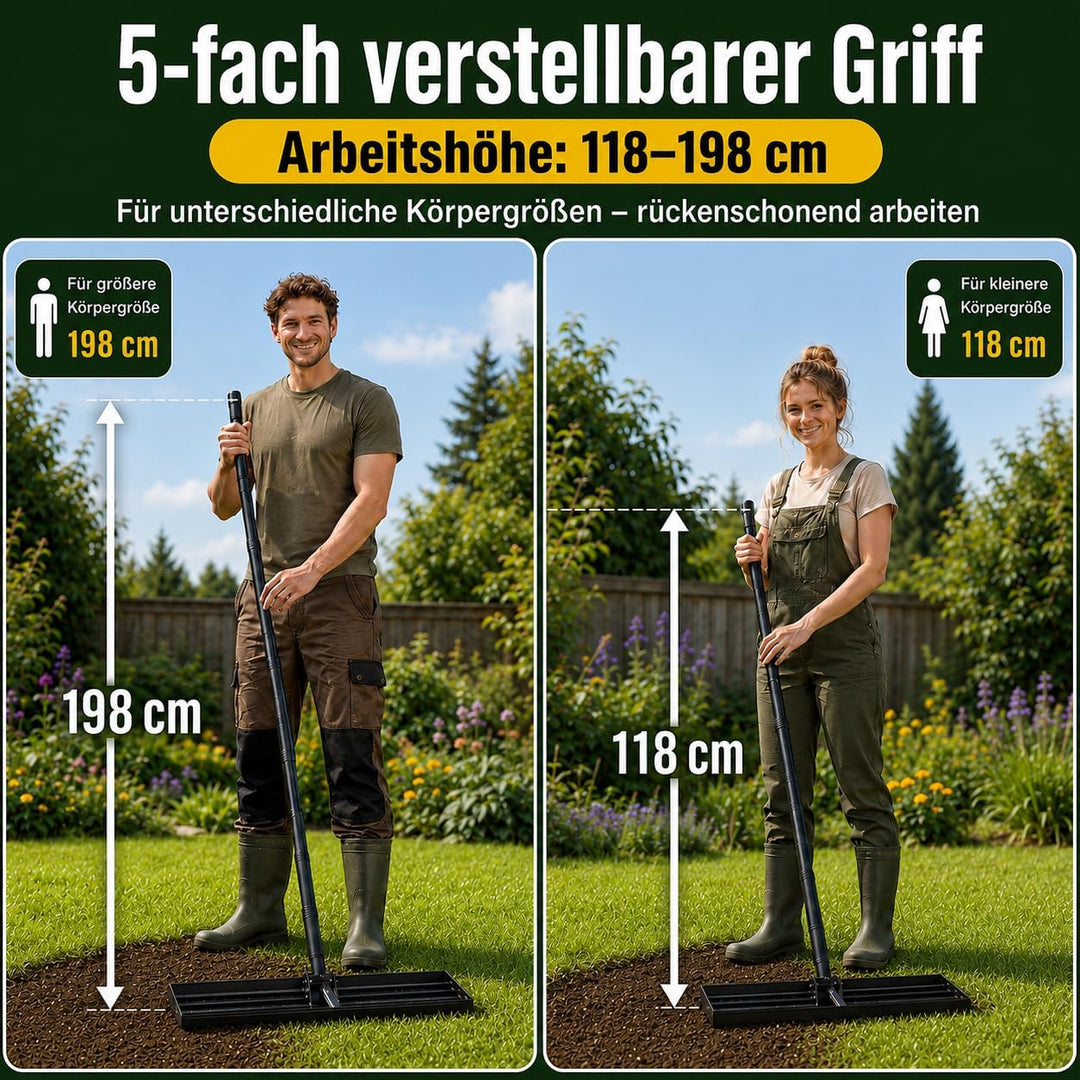 Rasen-Nivellierungsrechen 198cm 43x25cm, Verstellbarer Rasenplanier-Rechen mit 119–198 cm Griff, 180