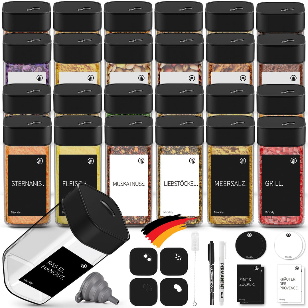 Miorkly Gewürzgläser Eckig - 24er Set mit Schwarz Edelstahl Drehdeckel, 120ML Gewürzstreuer Set mit