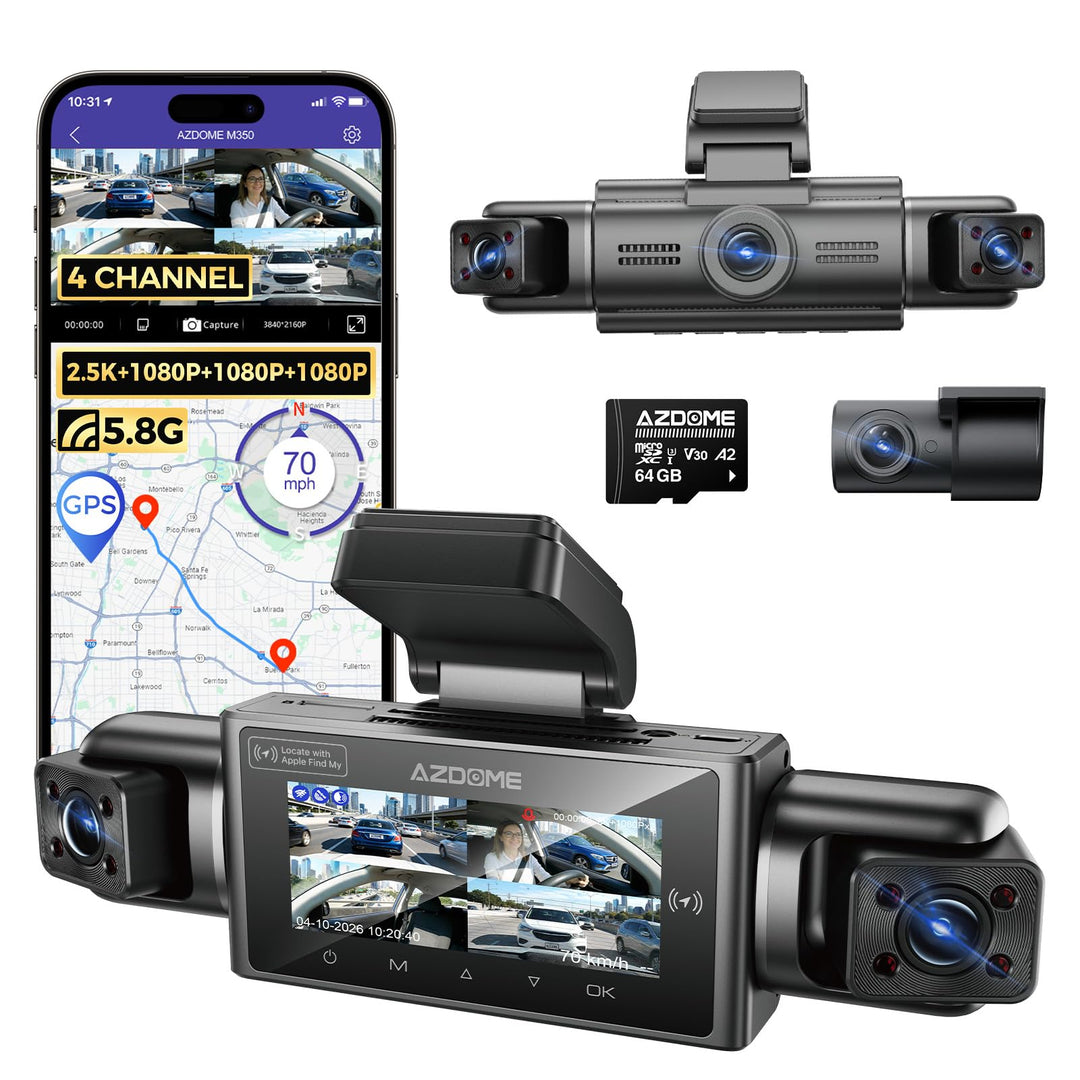 AZDOME Dashcam Auto 4 Kanal 360 Grad Dashcam mit Apple Find My (nur iOS), 5.8GHz WiFi, 64-GB-Karte,