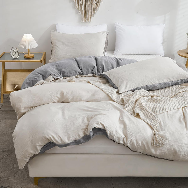 Freyamy Wendbar Bettwäsche 220x240cm 3teilig Beige GrauUnifarben Uni Wendebettwäsche Gewaschene Micr