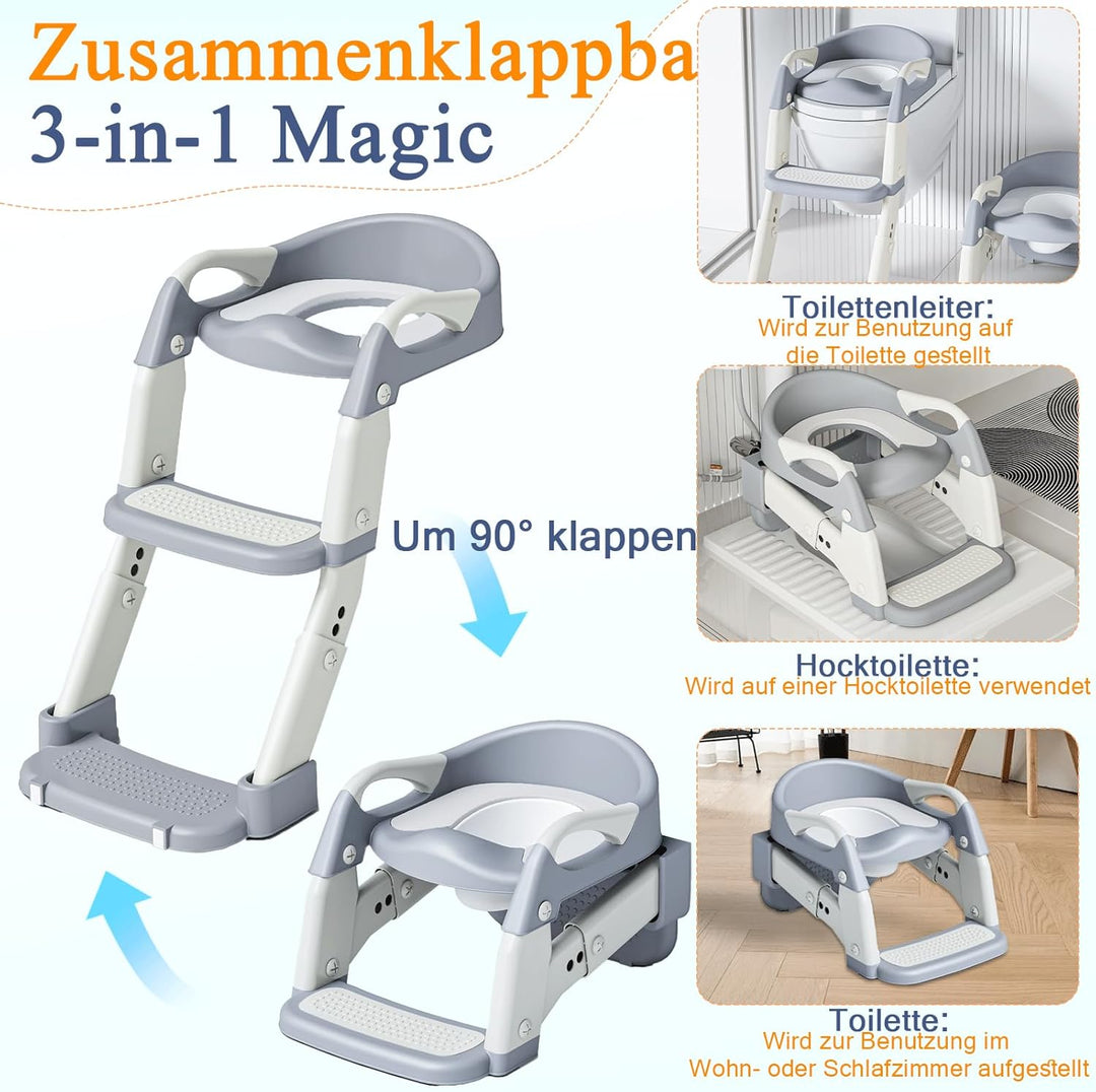 3 IN 1 Toilettensitz Kinder, Toilettenleiter für Kinder mit Verstellbar Treppe, Spritz und Rutschfes