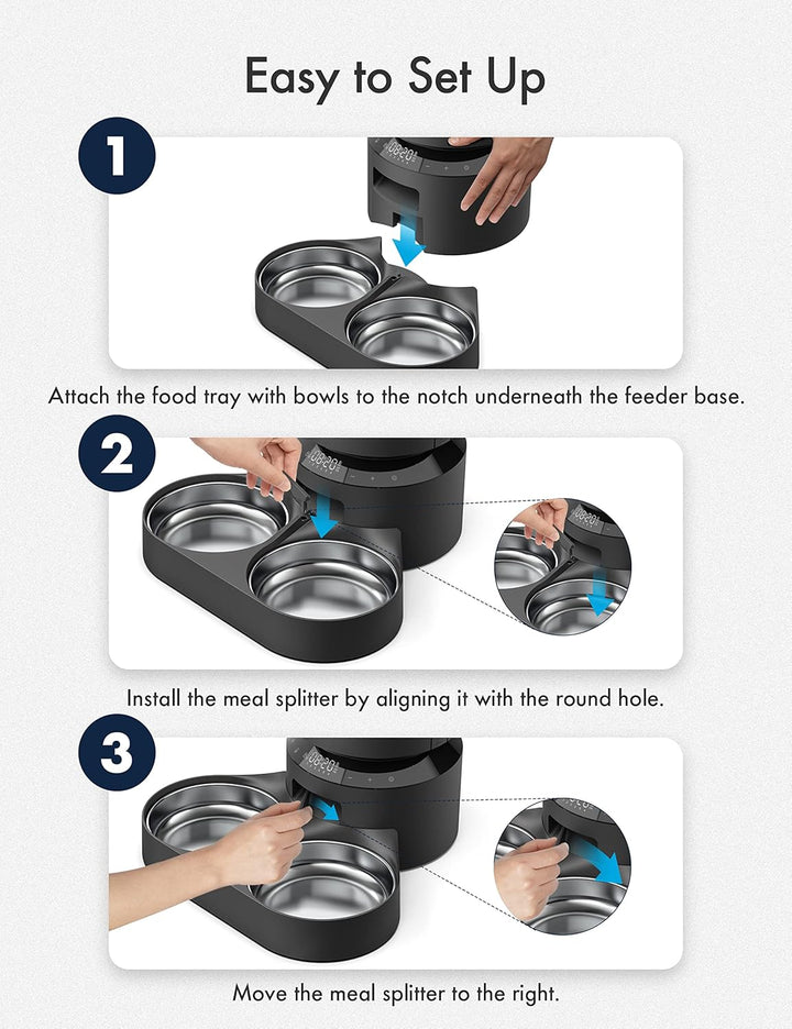 PETLIBRO Haustiernahrung Splitter mit Edelstahlnäpfen, Automatischer Katzenfutterspender für Zwei Ka