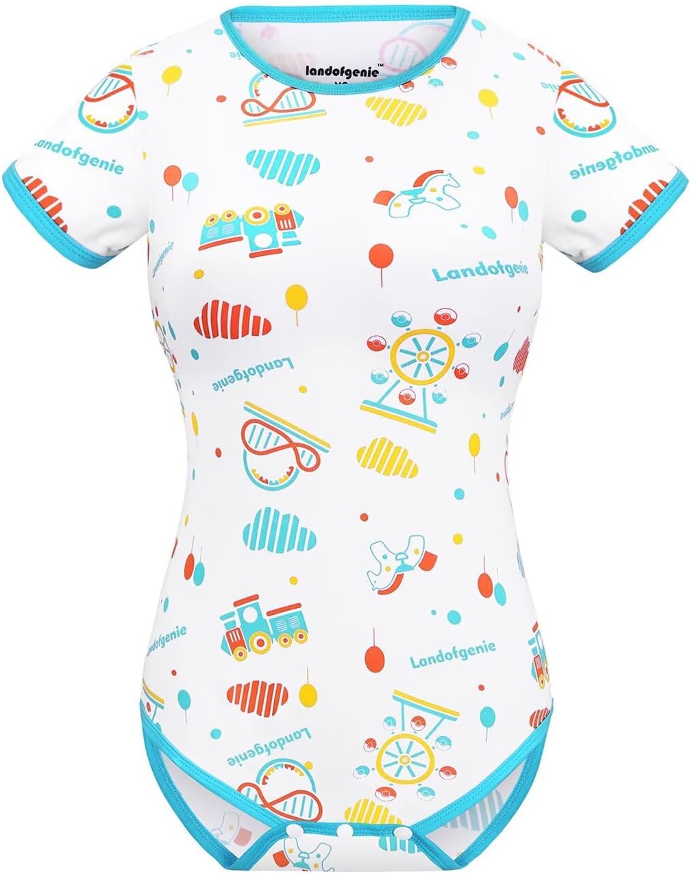 Landofgenie Damen Bodysuit Baumwolle Onesie Nette Print Pyjamas Nachtwäsche Blau Vergnügungspark Bla