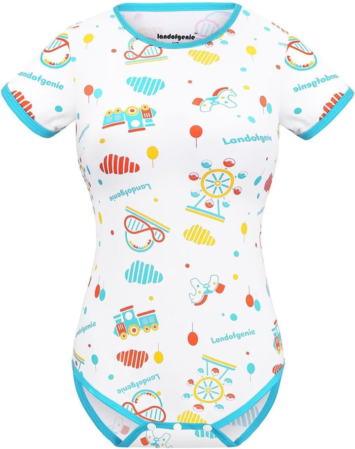 Landofgenie Damen Bodysuit Baumwolle Onesie Nette Print Pyjamas Nachtwäsche Blau Vergnügungspark Bla