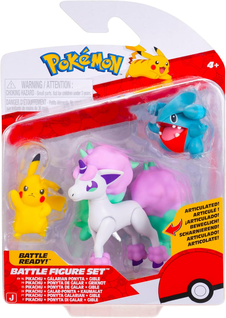 Pokémon PKW4097 - Battle Figure 3er-Pack – inklusive 5 cm Pikachu & Gible und 7,5 cm Galarian Ponyta
