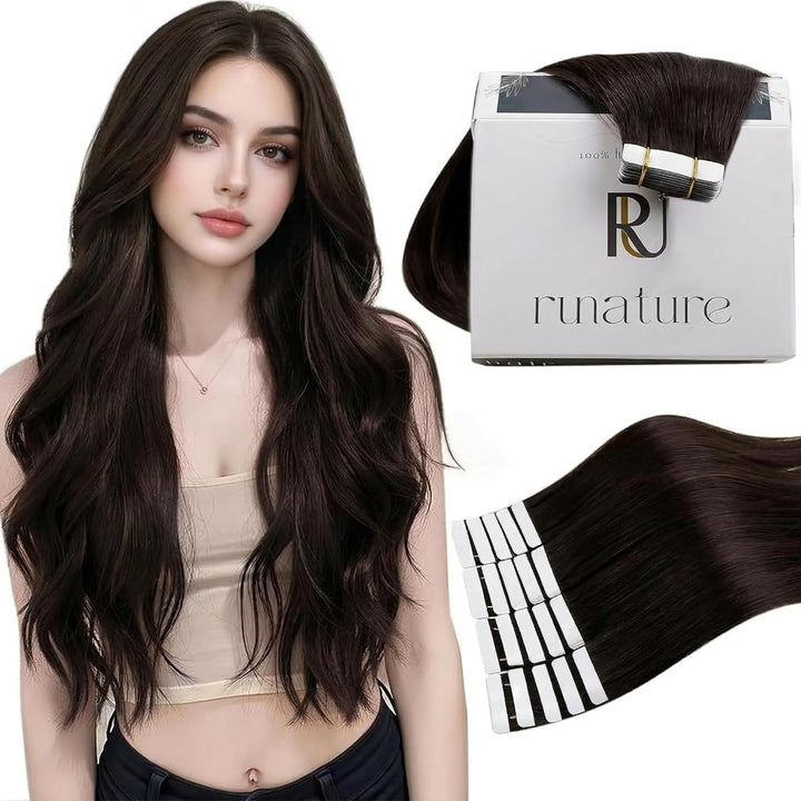 RUNATURE Tape in Extensions Echthaar Dunkelbraun Tape Echthaar Extensions 30cm Naturliches Tape in H