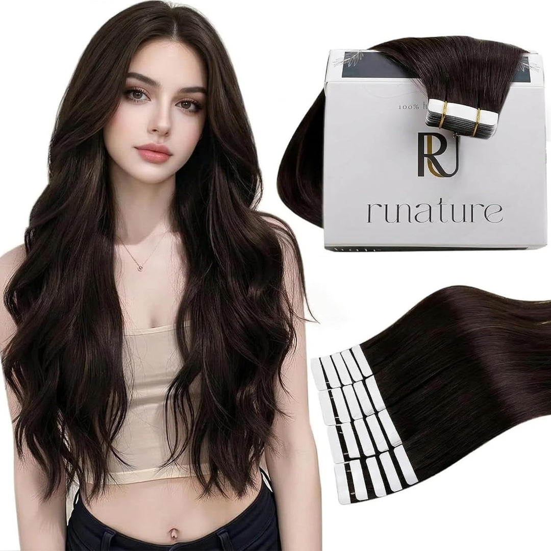 RUNATURE Tape in Extensions Echthaar 35cm Dunkelbraun Echthaar Extensions Tape in Remy Braun Invisib