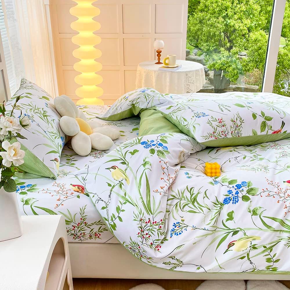 Luofanfei Bettwäsche 135x200 Weiss Grün Blätter Blumen Bunt Pflanzen Bettwäsche Set Mit Vögel Weich