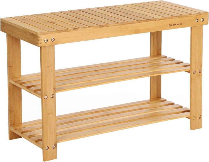 SONGMICS Schuhregal, Schuhschrank mit Sitzbank, Bambus Schuhbank mit 3 Ablagen, 70 x 28 x 45 cm idea