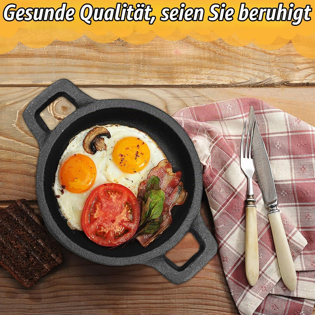 4 teilig Mini Gusseisen Grillpfännchent, Kleine Gusseisenpfanne mit Griff Ø 10cm Rund Servierpfanne,