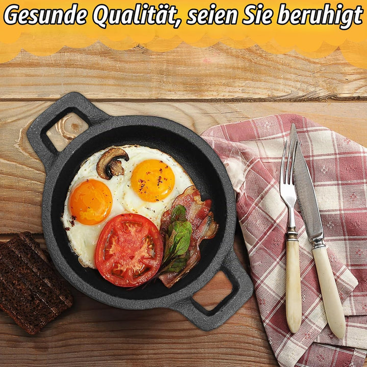 4 teilig Mini Gusseisen Grillpfännchent, Kleine Gusseisenpfanne mit Griff Ø 10cm Rund Servierpfanne,