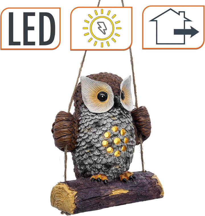 Spetebo Solar Gartenfigur Eule auf Schaukel zum Hängen - 17 x 14 cm - Eulenfigur warm weiss beleucht