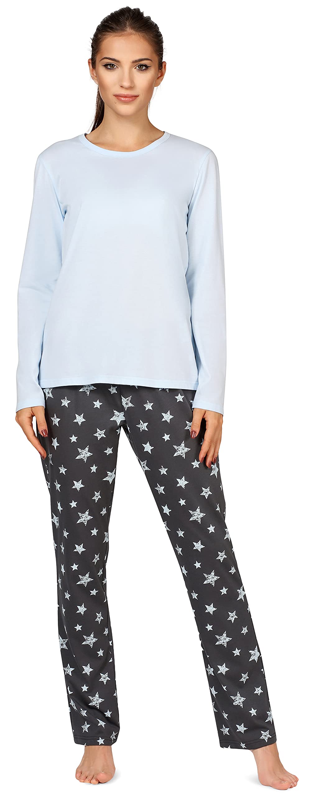 Bellivalini Damen Schlafanzug lang Pyjama Langarm Lange Hose Muster Sterne BLV50-167 M Blau Graphite