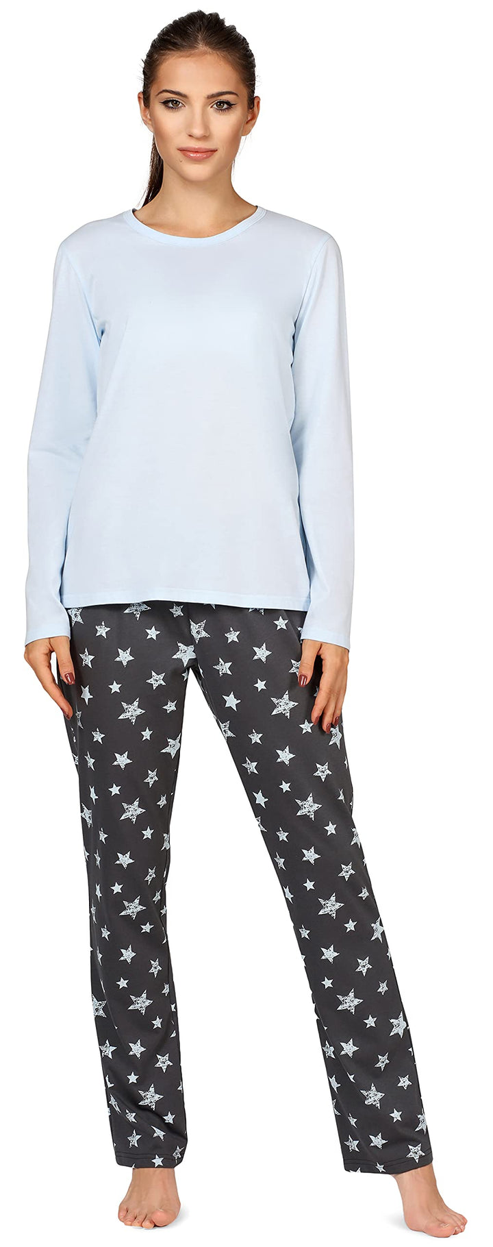 Bellivalini Damen Schlafanzug lang Pyjama Langarm Lange Hose Muster Sterne BLV50-167 S Blau Graphite