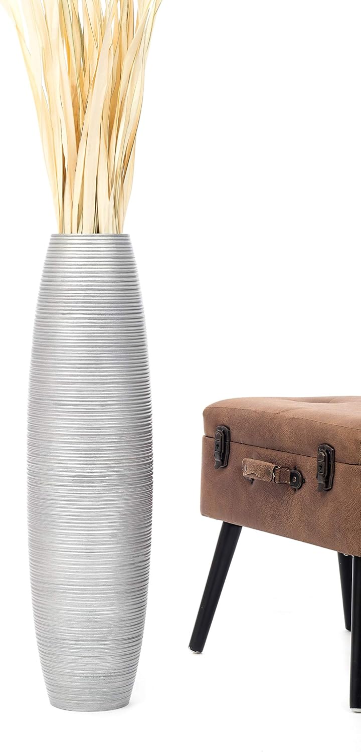 Leewadee Grosse Bodenvase für Dekozweige hohe Standvase Design Holzvase, Holz, 70 cm, Silber 70 cm S
