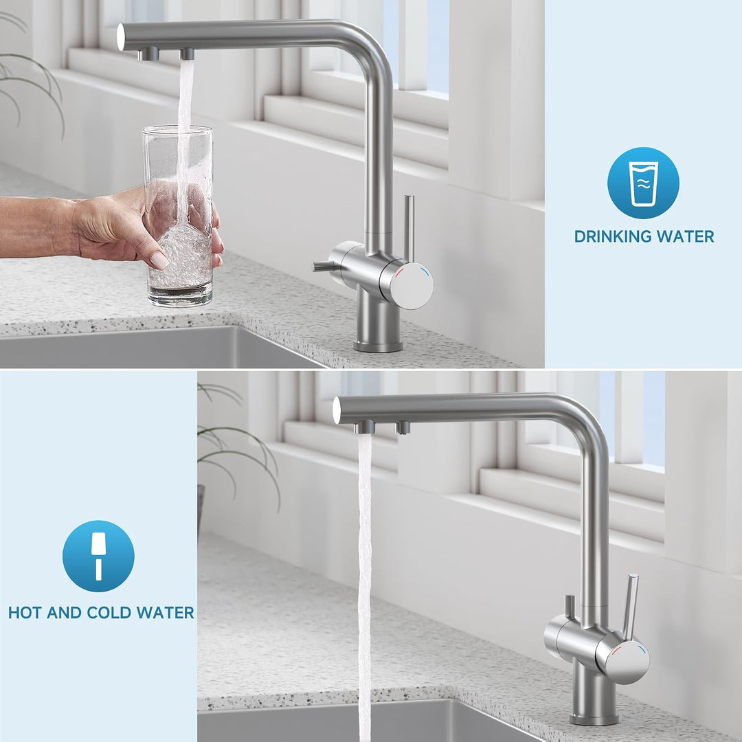 Wasserhahn Küche 3 Wege, 360° Drehbar Küchenarmatur, 3 in 1 Mischbatterie für Wasserfilter, Trinkwas