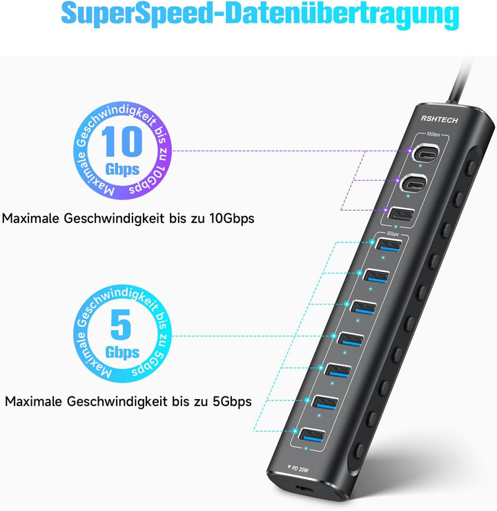 USB C 3.2 Hub Aktiv mit Netzteil (60W 12/5A), RSHTECH 11-Port USB C 3.1 Gen2 Hub mit 20W PD, 3 * 10G