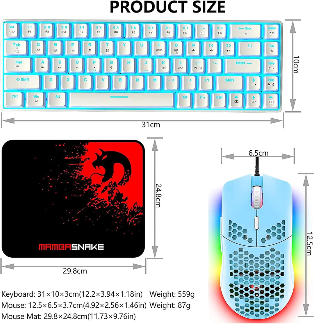 Tastatur und Maus Gaming Set, 68 Tasten Blauer Schalter 60% Mini Eisblaue Backlit Mechanische Tastat