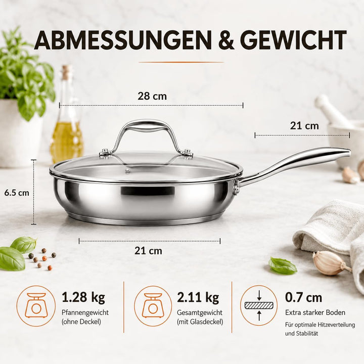 DELARLO Edelstahlpfanne Unbeschichtet 28 cm mit Deckel | 7 mm 3‑lagiger Boden, Induktionsgeeignet, B