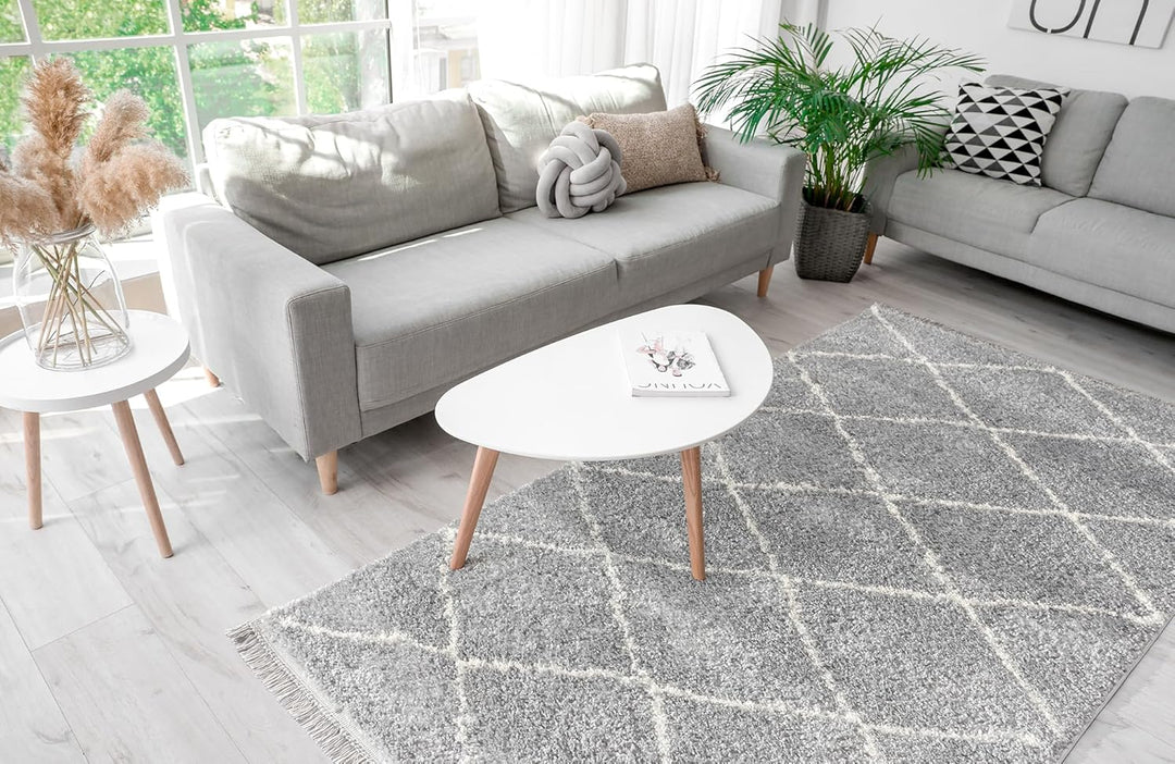 Rund Wohnzimmer Hochflor Teppich Ø120 cm Silber Diamantmuster, Super Soft Moderner Shaggy Teppich 12