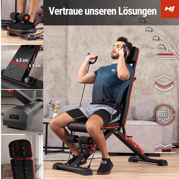Hop-Sport Hantelbank HS-2080HB, Hantelbank klappbar & stabil, multifunktionale Trainingsbank mit Exp