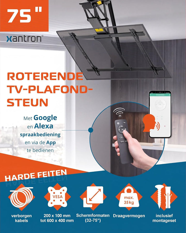Xantron® DEHA-600E-Roto TV Deckenhalterung Elektrisch Klappbar Neigbar &amp; Drehbar / 32-75 Zoll [Sprac