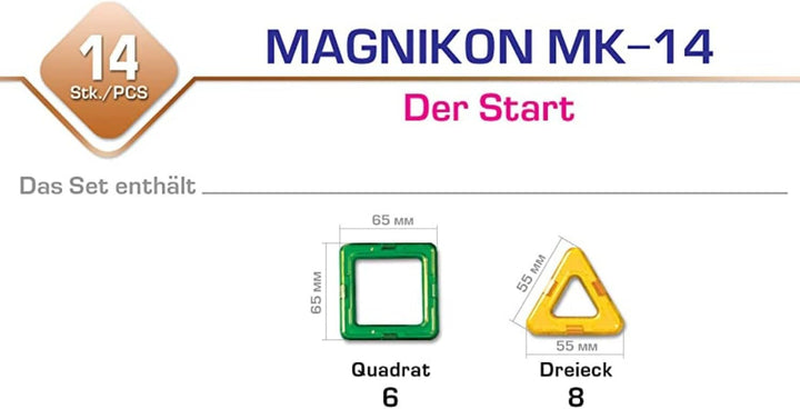 MAGNIKON Magnetische Bausteine MK-14 Der Start, 14 Teile, Standardgrösse, Bauklötze, Magnete Kinder,