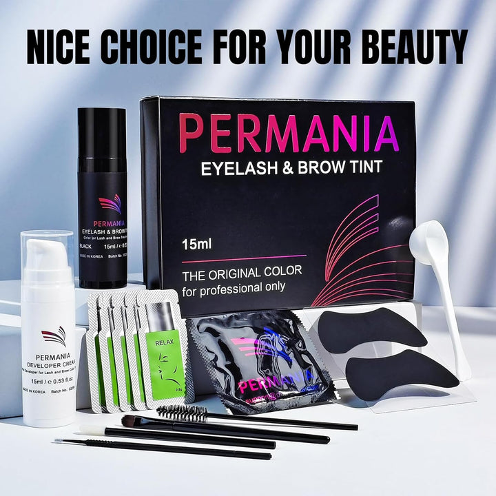 PERMANIA Augenbrauen und Wimpernfarbe Set, 2 In 1 Wimpern Färben Schwarz Set, Farbe Bis zu 4 Wochen,