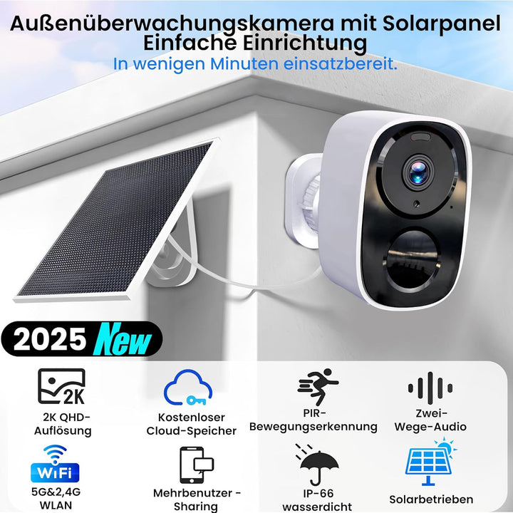 2K/3MP Überwachungskamera Aussen Akku Solar, Kostenloser Cloud-Speicher, 2.4G-5G GHz WLAN Kabellose