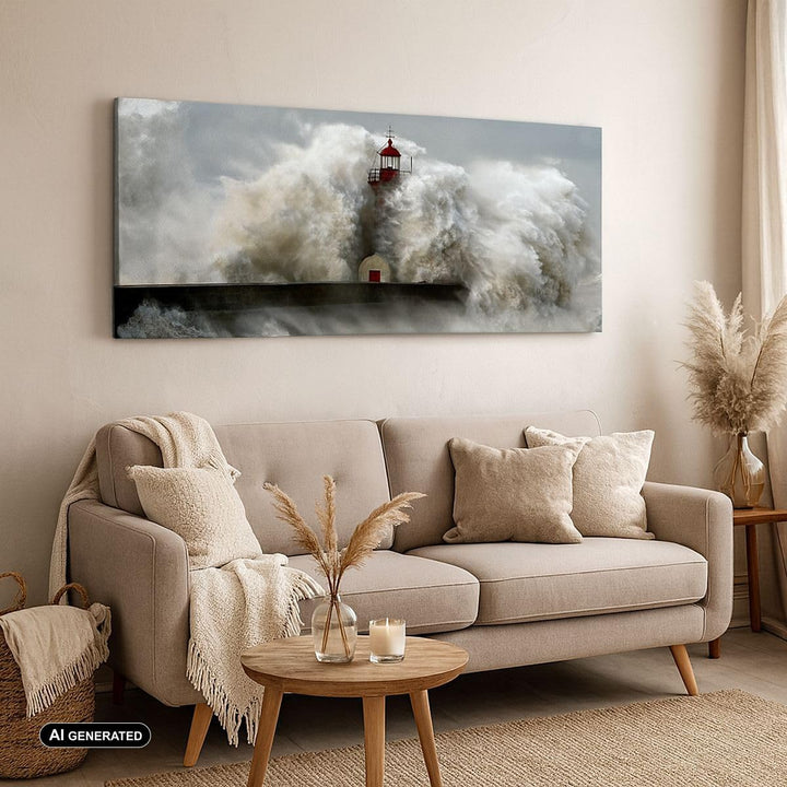 Wandbilder Dekoration Wohnzimmer Leuchtturm Ozean Sturm Panorama Bilder auf Leinwand 120x50cm Leinwa